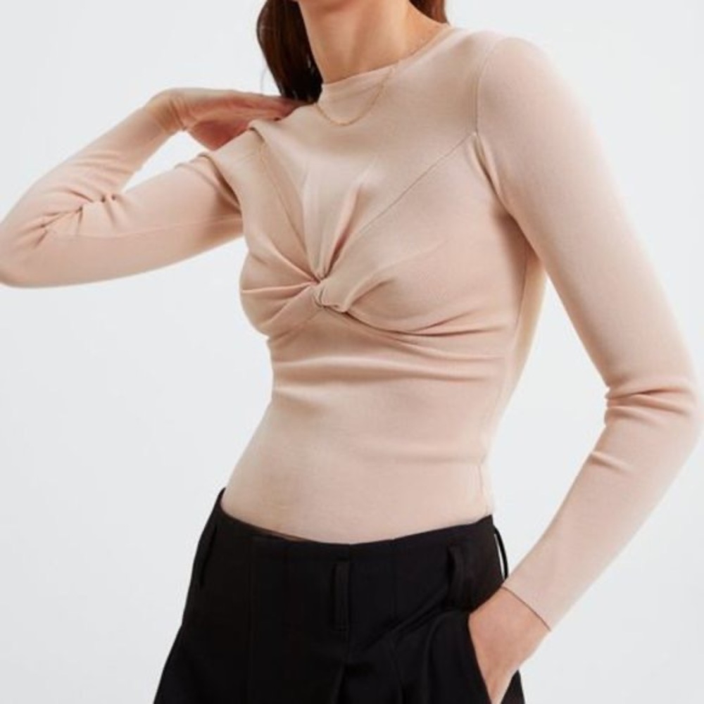 Zara Peachy Nude Ribbed Long Sleeve Knot Front Sweater